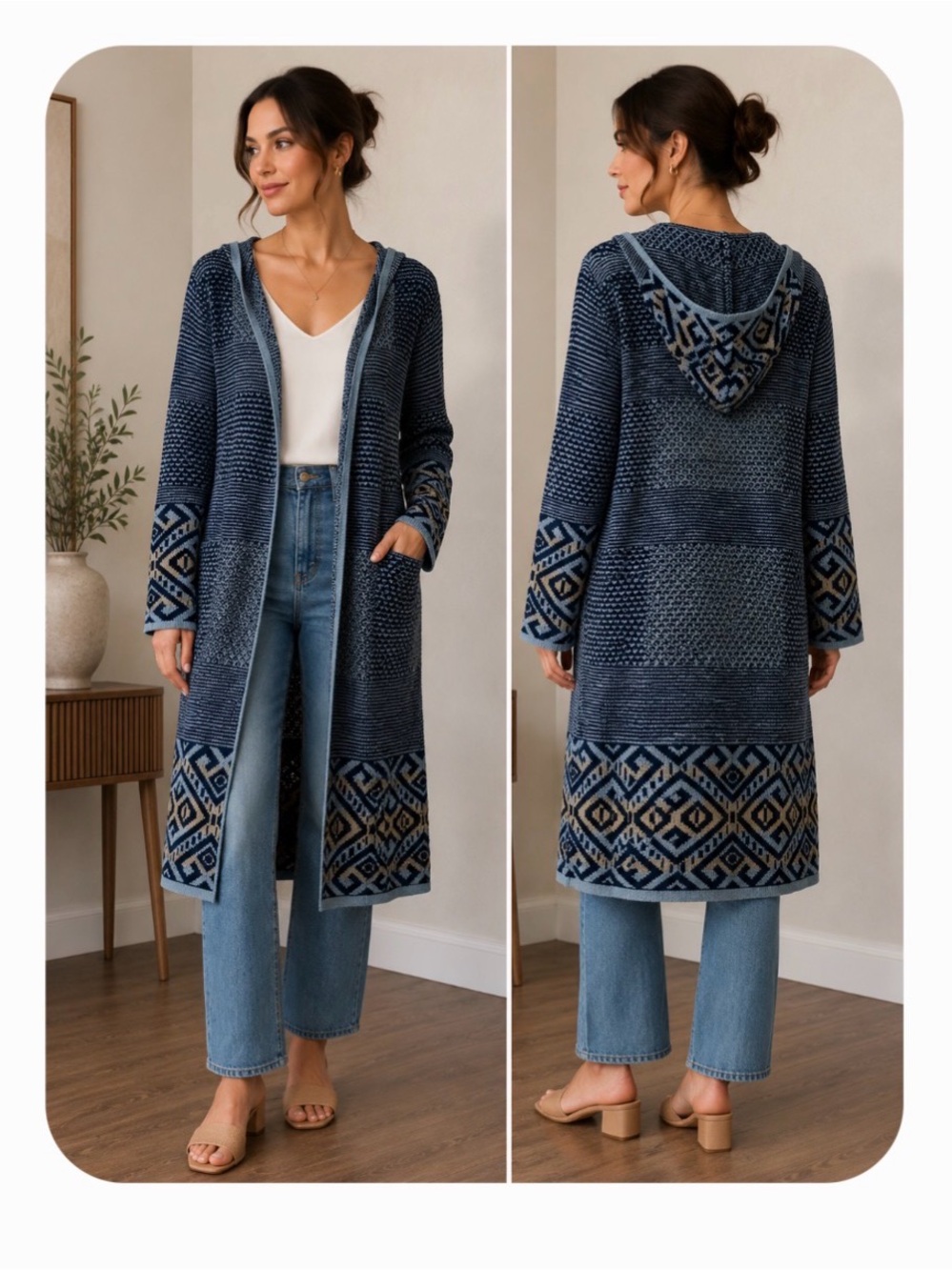Christopher & Banks Blue/Tan Boho Geometric Hooded Cardigan Sweater size Medium
